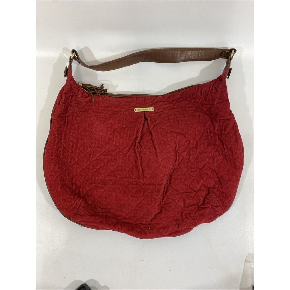 Vera Bradley Retired Red Corduroy Hobo Purse Bag Brown Leather Trim 17” X 13”